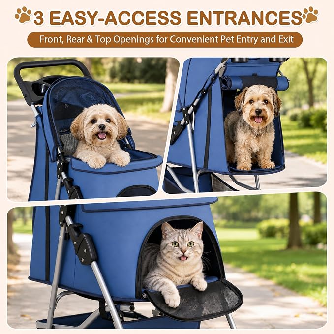 Pet Stroller 4 Wheels Dog Cat Stroller for Small Medium Dog Cats Carrier Jogger Travel Foldable Puppy with Storage Basket and Cup Holder (Navy Blue)