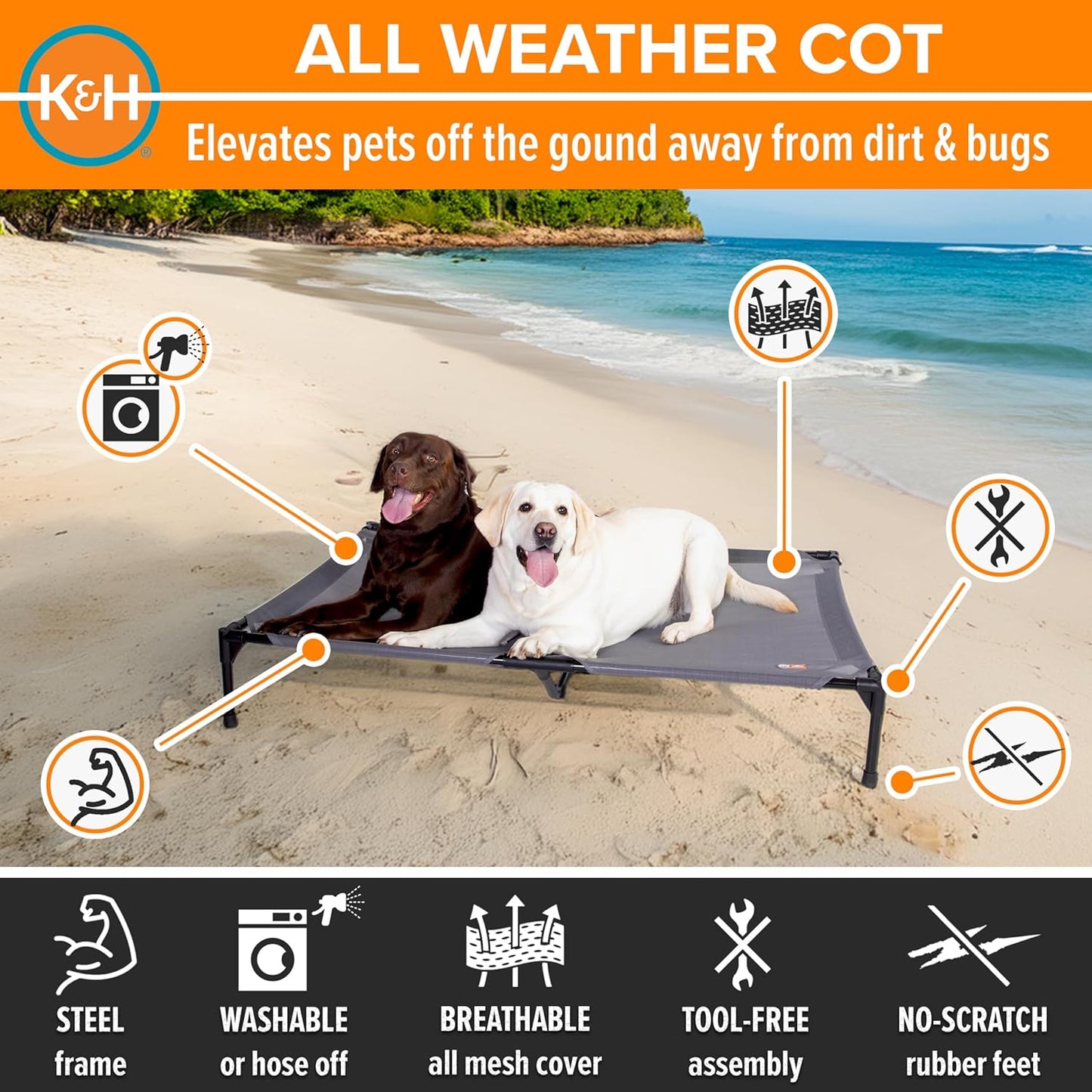 K&H Pet Products Elevated Outdoor Dog Cot Bed, Raised Cooling Bed with Washable Breathable Mesh for Large Dogs, Portable Raised Platform Pet Bed, Heavy Duty Metal Frame Hammock Bed, Jumbo, Gray