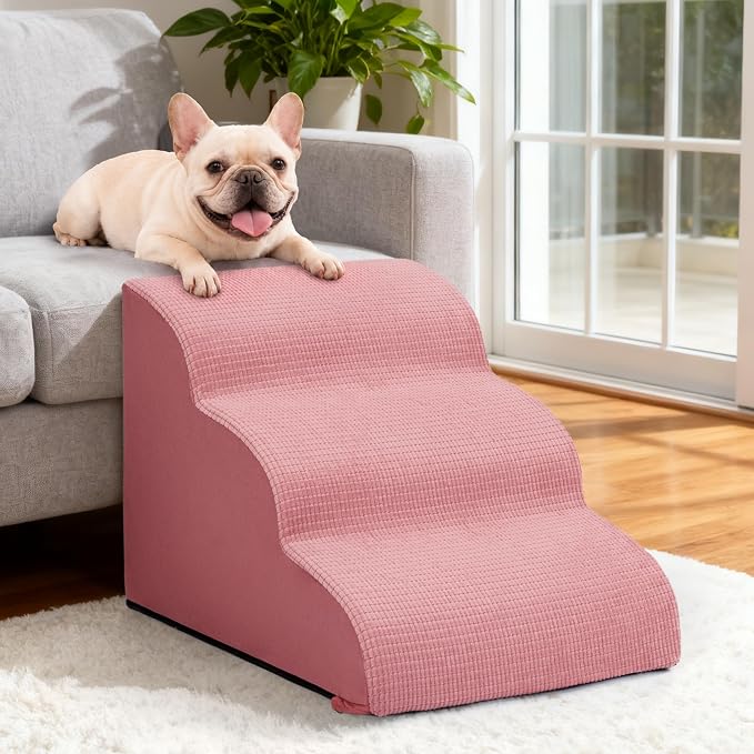 Dog Stairs for Small Dogs, 3-Step Pink Pet Ramp for Couch, Cats & Puppies | Aodisman Elegant Pink Pet Stairs Designed for Small Dogs and Cats, Providing Easy Access with Comfort and Style, 15.7" H