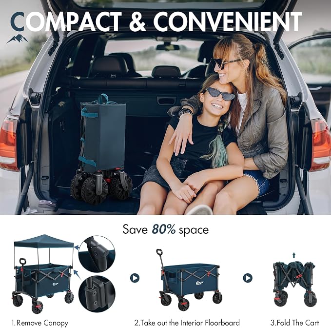 Portal 350L Collapsible Wagon Cart with Removable Canopy, 270LB Folding Utility Cart with Rear Door for Pet, Camping, Beach, and Outdoor Adventures