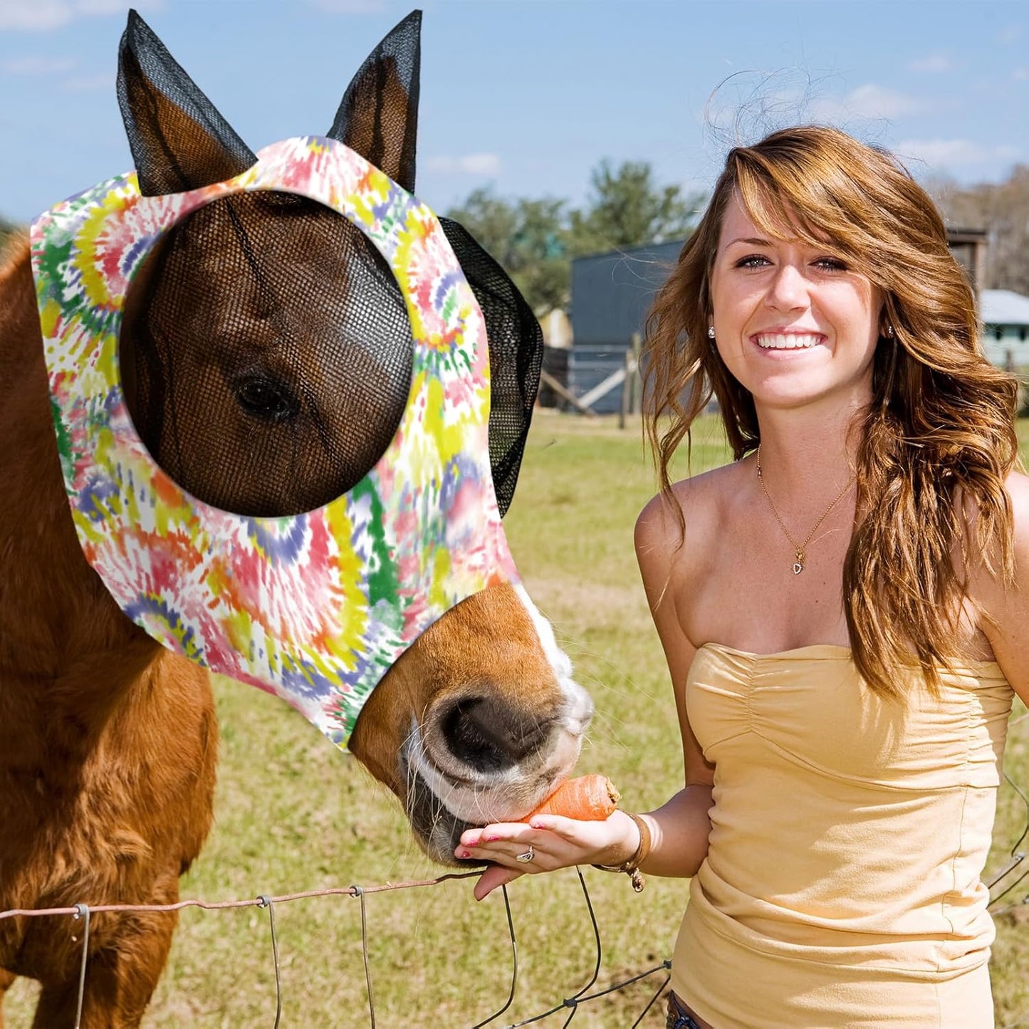 Qualirey12 Pieces Horse Fly Mask Bulk Comfortable Elasticity Mask for Horses with Ears Net UV Protection Breathable Face Covering for Pony and Foal(Large, Tie Dye Patterns)
