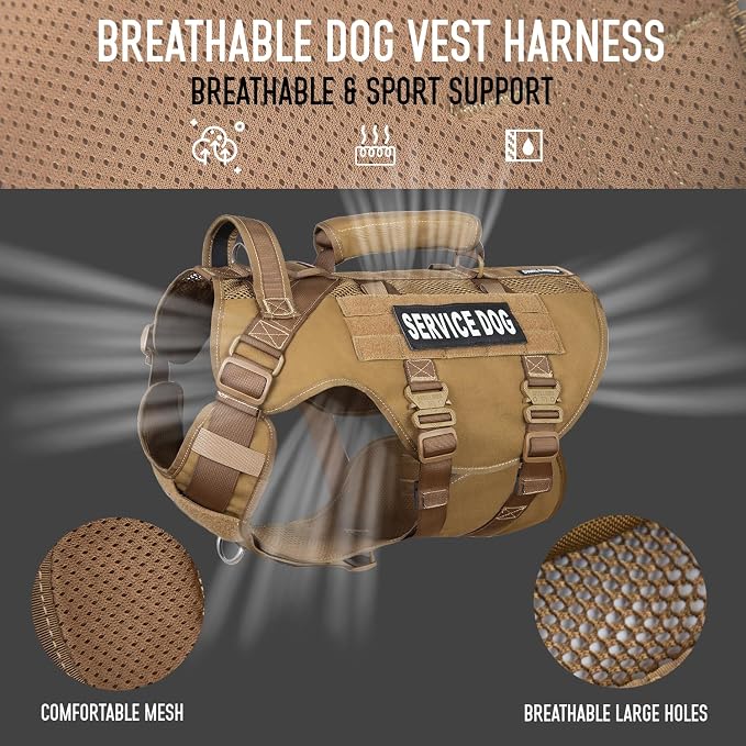 Service Dog Vest for Large Dogs, Brown Tactical Harness with Military MOLLE, Breathable Mesh & 39g Metal Buckle - Size XL for Training & Hiking