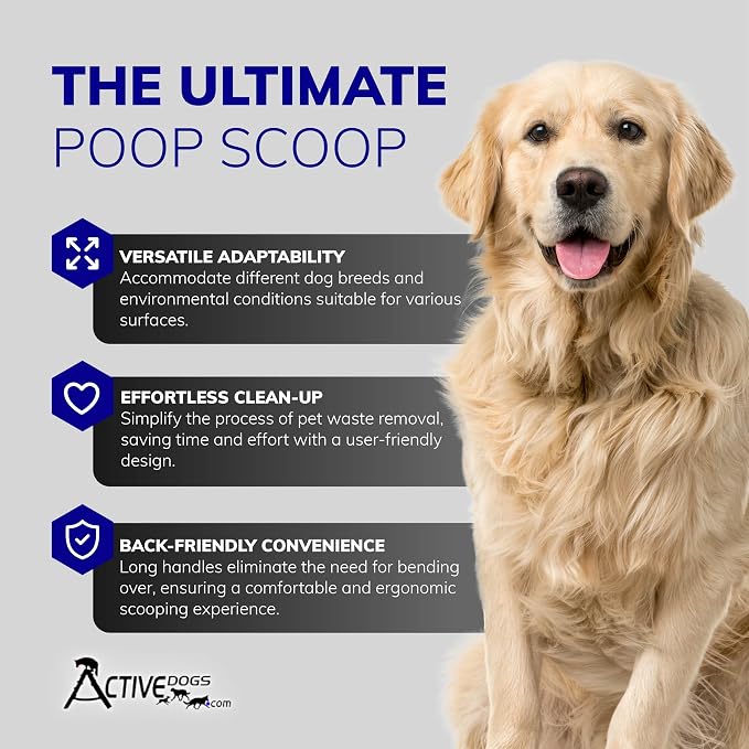 ActiveDogs Dog Pooper Scooper, Heavy Duty Flat Aluminum Dog Scoop | With Flat Aluminum Rake For Fast Cleanup On Concrete, Asphalt And Hard Surfaces