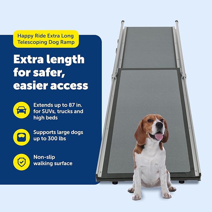PetSafe Happy Ride Extra Long Telescoping Dog Ramp, Portable Pet Ramp for Cars, Trucks & SUVs with Adjustable Sizing | Extends 47-87 in to Reach Tall Trucks & SUVs, Rubber Feet, Side Rails, Safety Latch for Storage, Supports Dogs up to 300 Lb