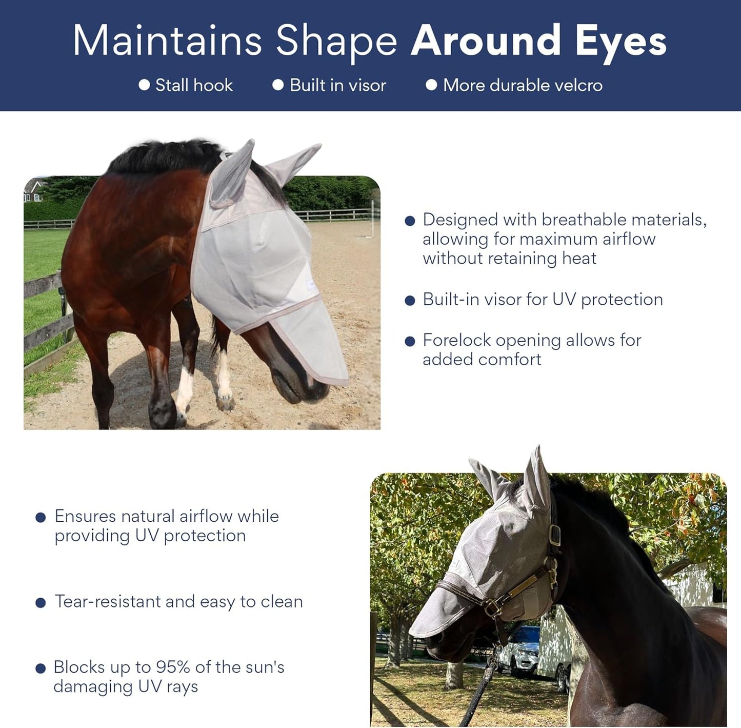 Horse Fly Mask with Nose Cover and Ears | 95% UV Eye Protection | Built-in Visor | Breathable, Lightweight Mask | Adjustable Fit for Comfort Horse Medium/Large Size