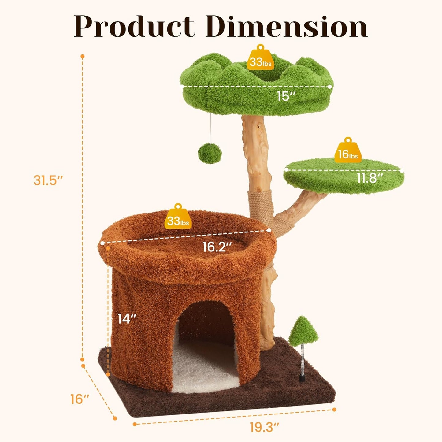 32-Inch Multi-Level Cat Tree Tower, Natural Wooden Cat Furniture with Sisal Scratching Posts, Beds & Condo, Cute Cat Tree for Indoor Cats, Multi-Cat Householdsolds