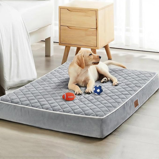 WNPETHOME Orthopedic Waterproof Large Dog Bed for Crate Cozy Sleep | Washable Large Pet Bed with Removable Cover, Multi-Needle Quilting Dogs Crate Beds Light Grey 35x22 Inch