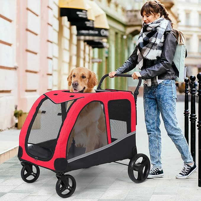 Saudism Dog Stroller for Large & Medium Dogs (up to 160lbs), Pet Stroller for 2 Small Dogs, Extra Large Heavy Duty, Dog Wagon Foldable & Adjustable Handle with Pocket, Red