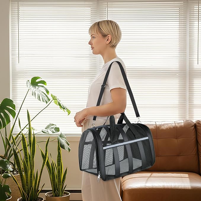 Soft Sided Pet Carrier, Airline Approved Dog Cat Travel Bag with Mesh Windows, Collapsible Portable Pet Carrier for Small Medium Dogs Cats (Black)