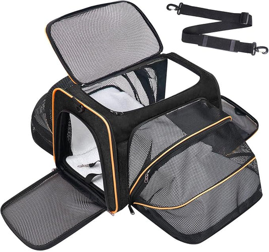 Pet Carrier, Large Soft Sided Expandable Travel Carrier with Steel Frame, Anti-Scratch Mesh, Removable Fleece Pad and Pockets for Cats, Dogs and Small Animals up to 15 lbs (Black, 5 Sides Expandable)