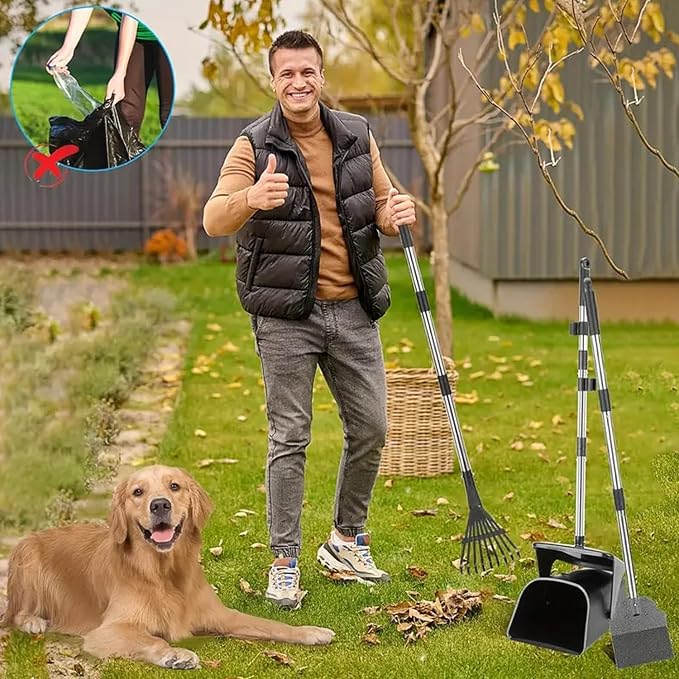 3pcs Heavy Duty Dog Pooper Scooper with 40 Bags, Long Handle Swivel Bin & Rake Spade for Large Medium Dogs, Pet Waste Removal for Yard Grass Gravel, Easy to Clean