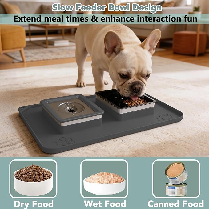 Dog Bowl Set, No Spill Dog Water and Food Bowl with Slow Feeder | Large Capacity 304 Stainless Steel Bowls, 3-In-1 Set, Slow Drinking, Anti-Slip Mat, Easy to Clean, Home/Travel, 6-7 Cups