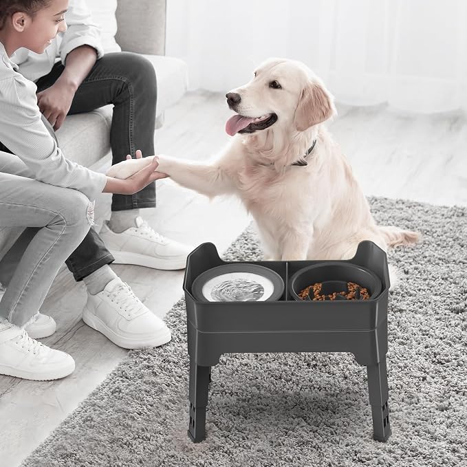 4-in-1 Elevated Slow Feeder Dog Bowls, 4 Height Adjustable Mess Proof Raised Dog Bowl Stand with No Spill Dog Water Bowl, Stainless Steel Dog Food Bowl & Slow Feeder for Large Medium Small Dogs Pets