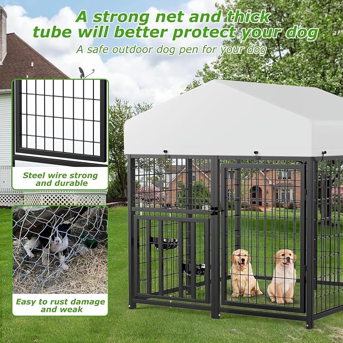 4 x 4 x 4.25 FT Outdoor Dog Kennel with Roof for Small Dogs | Compact Dog Pen with Rotating Feeder, 2 Stainless Steel Bowls and Double Latch Gate