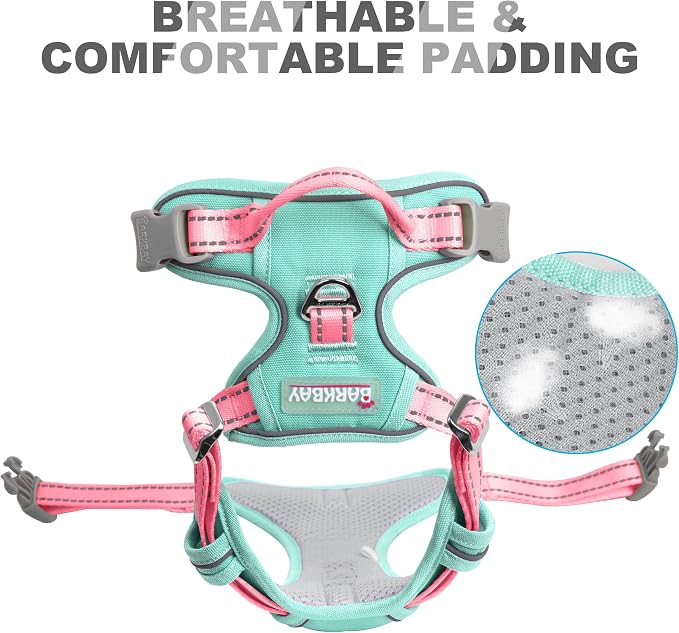BARKBAY Dog Harness No Pull for Small Sized Dog Front Back Clips,Dog Vest | Soft Padded No Choke With Handle,Easy On&Off,Adjustable Reflective For Walking Training Running(Cool Mint & Baby Pink,XS)