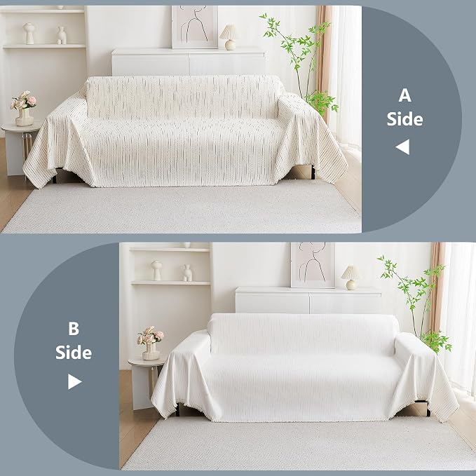 MYSKY HOME Couch Cover for Dogs, Sectional Couch Cover, Beige Lines Sofa Covers for Sectional Sofa L Shape Chenille Couch Protector for Dogs Pets Couch Covers Washable Soft Throw, 91"X134"