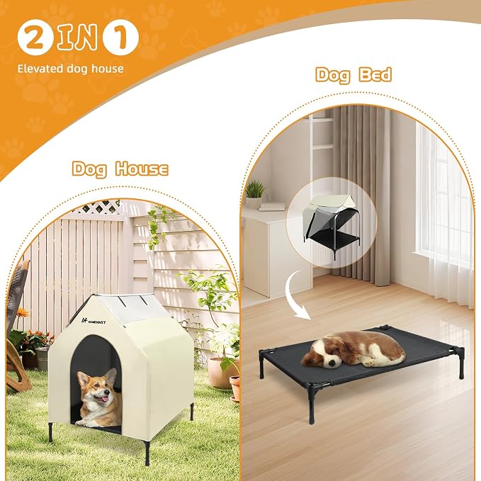 Outdoor Dog House, 2-in-1 Dog House for Small/Medium Dogs, Thicken Weatherproof Canopy Puppy Shelter Elevated Dog Bed with Windows (White, 36 Inch)