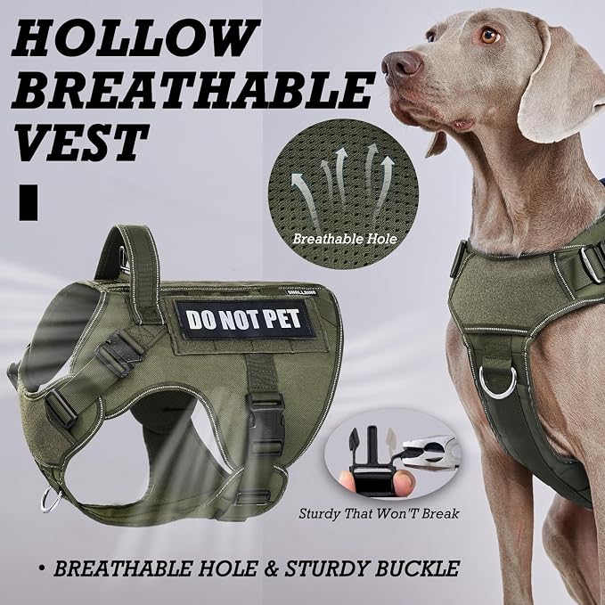 Tactical Dog Harness for Large Dogs, Heavy Duty Dog Harness with Handle, Adjustable Reflective Military German Shepherd Dog Vest Harness with Do Not Pet Patches for Hiking Training Green