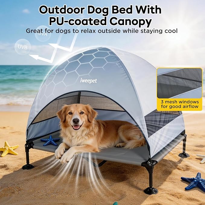 iweepet Upgraded 4 in1 Elevated Dog Cot with Removable Canopy & Bolster Pillows for Large & Extra Large Dog,Cooling Raised Outdoor Dog Bed with Breathable Teslin Mesh,Carry Bag for Camping, Backyard