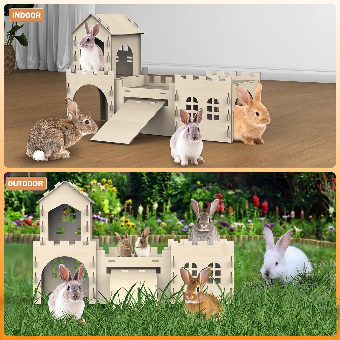 Large Bunny House and Hideouts, Wooden Dual-Layer Rabbit Castle with Stair, Rubber Band-Free Setup - Chew-Proof, Sturdy Habitat for Guinea Pig Chinchilla Ferret (Rabbit House with Tunnels & Tubes)