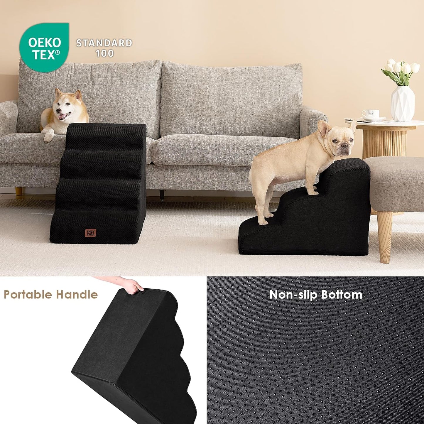 EHEYCIGA Curved Dog Stairs Ramp for Small Dogs 15.7" H, 3-Step Dog Steps for Couch Sofa and Chair, Pet Stairs for Cats, Non-Slip Balanced Pet Steps Indoor, Black