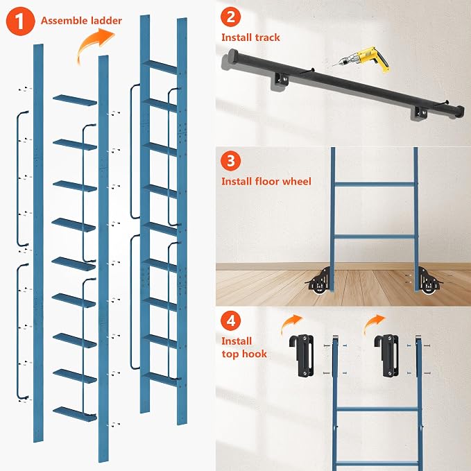 DIYHD 120" Rolling Library Ladder with Handrail, 4FT Sliding Rail, Blue | 10-Step lightweight ladder with space-saving upright storage, Telescopic top hooks, Locking bottom rollers, 300lbs capacity