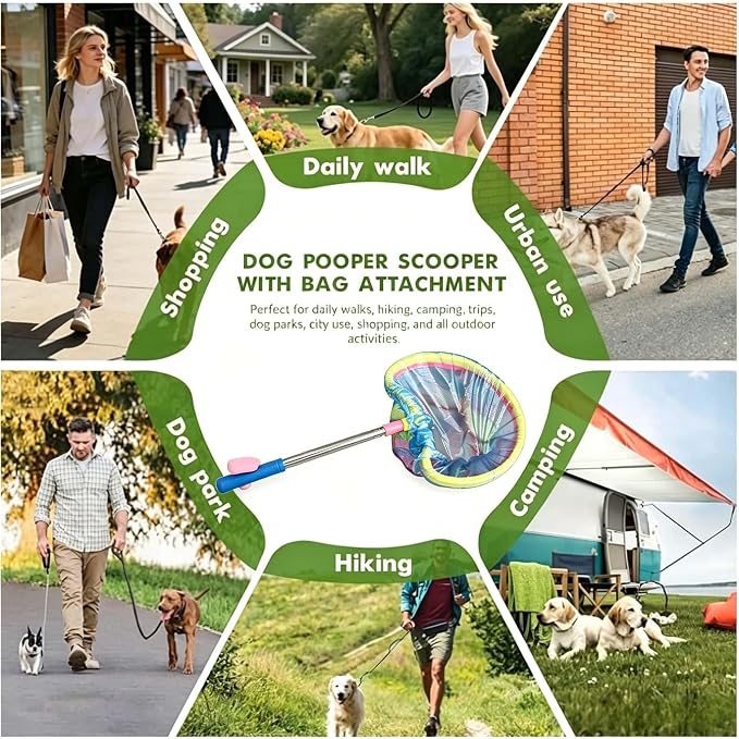 Dog Pooper Scooper with Mesh Net Frame，45 Inch Extendable，Comes with 50 Leak-Proof Waste Bags No Touch No Bending Portable for Small Medium Large Dogs, Perfect for Yard Park Walking and Outdoor Use