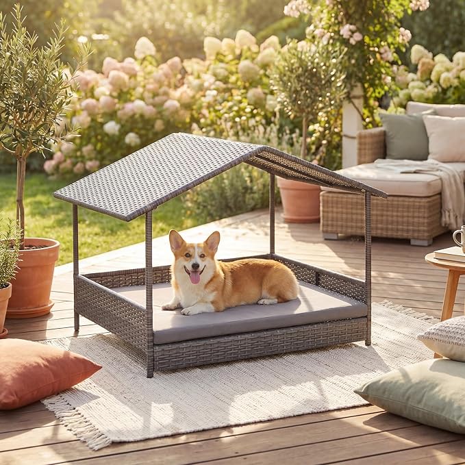 Tangkula Wicker Dog House, Indoor & Outdoor Raised Rattan Bed w/Removable Cushion, Washable Cover, Sloping Roof, Rattan Weather Resistant Puppy Shelter w/Elevated Floor for Small Medium Dogs