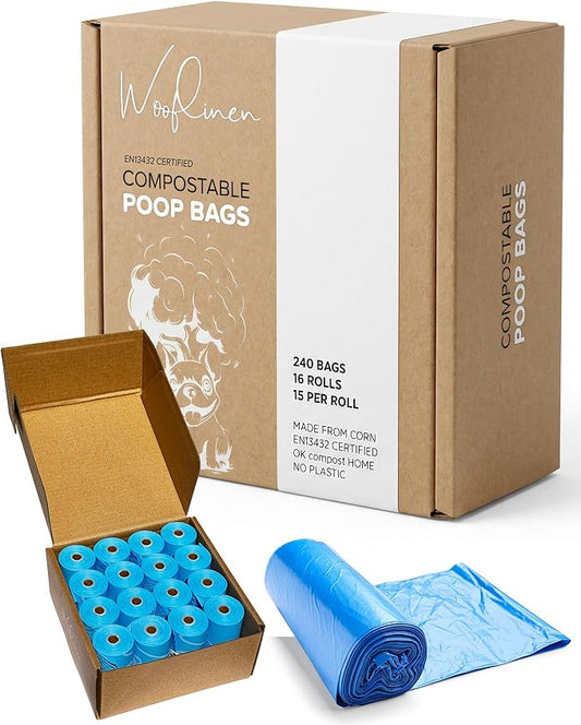 Wooflinen Unscented Dog Poop Bags – Leak-Proof Dog Poop Bags Rolls – Large 9x13”, Durable, Easy Tear – Made from Plant-Based Materials – For Big & Small Dogs – 240 Bags (16 Rolls)