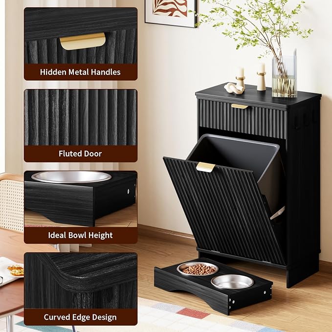 Tilt Out Trash Can Cabinet with Dog Bowl, 10 Gallons Dog Feeding Station with Storage Cabinet, Pet Feeder Cabinet with Hideaway Drawer for Kitchen, Living Room(Tilt-Out Dog Feeding Station-Black)