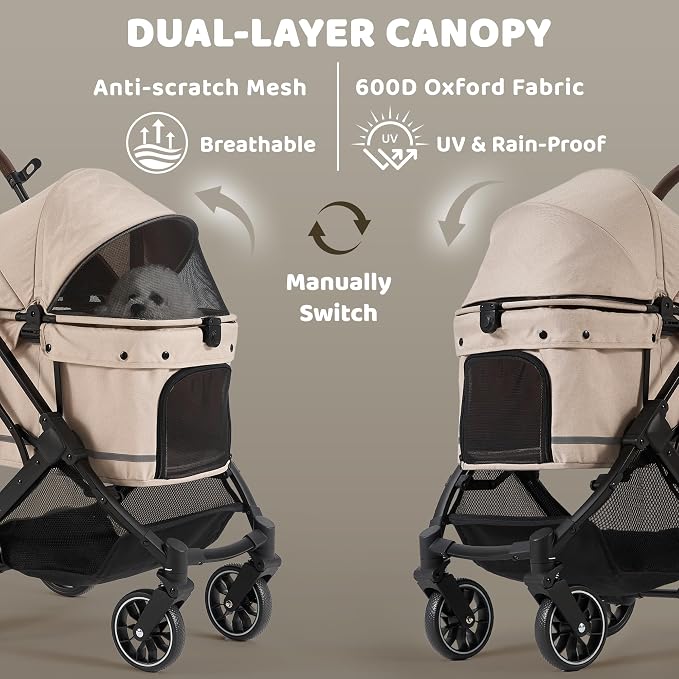 Dog Stroller for Small to Medium Dogs with Detachable Carrier, Beige | 3-in-1 Pet Stroller, Dual-layer UV-Resistant Waterproof Canopy with Breathable Mesh, All-Terrain PU Wheels with Suspension