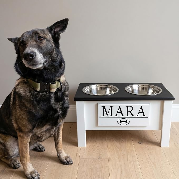 Elevated Dog Bowls for Large Dogs, Personalized Food Stand for Large Breed | Farmhouse Style, Elevated Wood Stand, Storage Container, Stainless Steel Bowls, Raised Anti-Slip Feeder, Made in USA