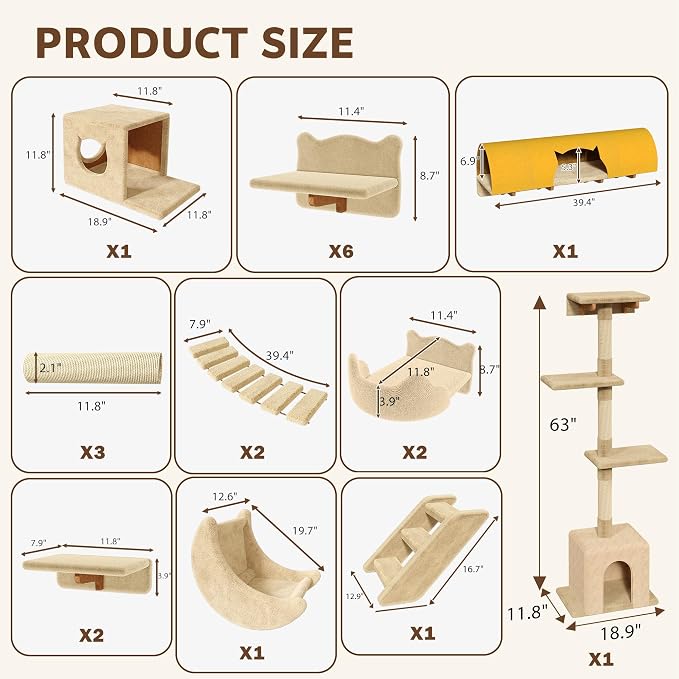 Cat Wall Furniture, 26 in 1 Cat Shelves w/Cat Tree, Tunnel, Beige | Wall Mounted Cats Furniture Set w/Plush Fabric, Cat Climbing Systems for 16 Inch Drywall, with Scratching Posts, Bridge, Moon
