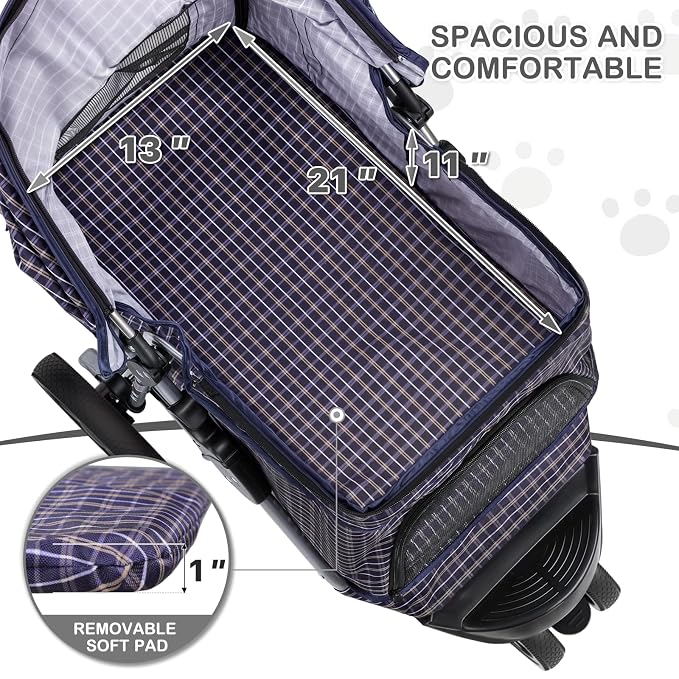 MoNiBloom Pet Stroller for Small/Medium Dogs and Cats up to 33 lbs, Plaid | Foldable 3 Wheels Pet Strolling Cart w/ Storage Basket Weather Cover Cup Holder, Breathable and Visible Mesh for All-Season
