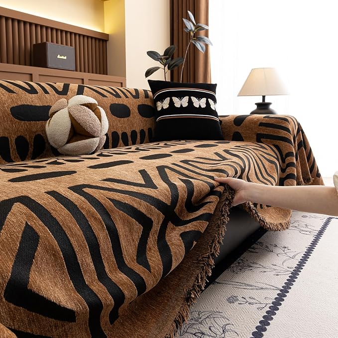 VClife Couch Cover Bohemian Morroccan Sofa Cover Washable Sofa Slipcover for 3-4 Cushion Couch Sofa Non Slip Soft Chenille Furniture Protector Modern Brown Black Slip Cover for Couch 71''x150''