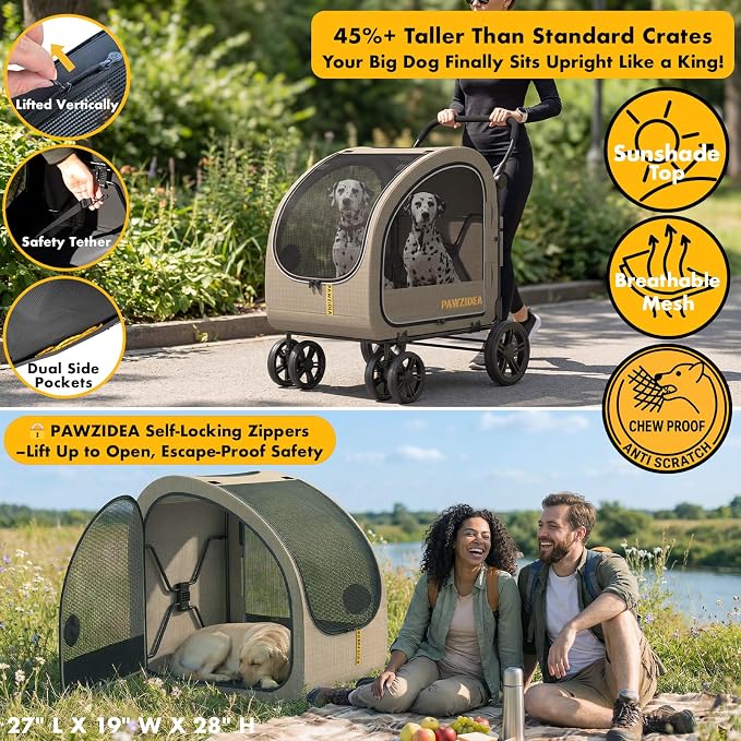 PAWZIDEA 3-in-1 Large Dog Stroller with Detachable Carrier up 100lbs, Foldable Dog Crate for Car Travel, All-Terrain Pet Stroller for 2 Medium Dogs, Jogger Wheels, Adjustable Handle, Stroage Organizer