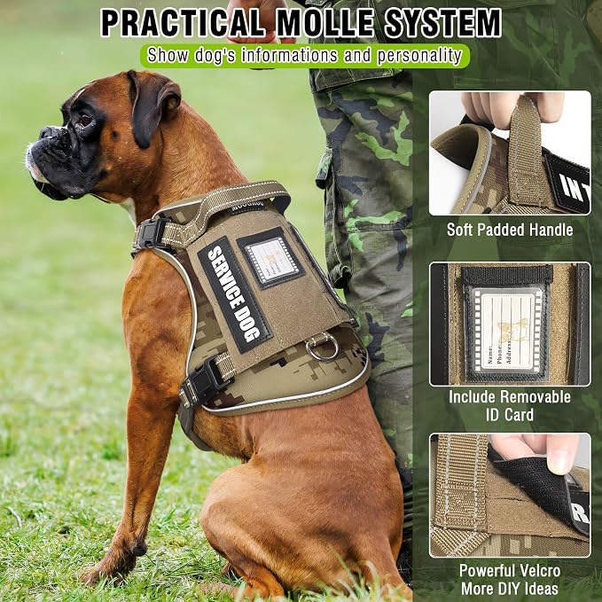 Tactical Dog Harness and Leash Set with 10 Patches for Large Dogs | Heavy Duty No Pull Service Animal Dog Vest with Dog Seat Belt ,Adjustable Reflective Easy Walk for Training Hiking Camo L