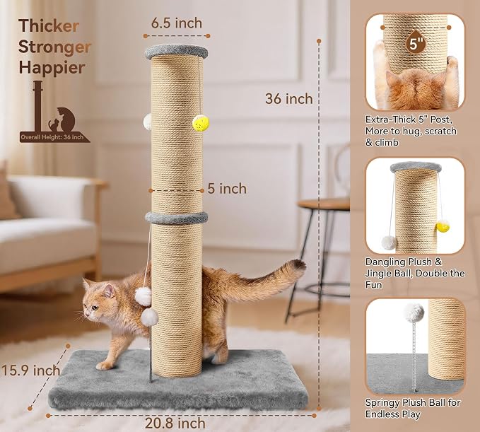 5-Inch Thick Sisal Cat Scratching Post, 36" Tall Tower, Gray | Cat Scratch Tower with Top Platform, Extra-Stable 20.8×15.9" Base, Durable Cat Scratcher, For Indoor Cats