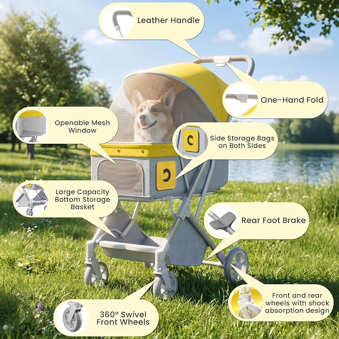 Dog Strollers for Small Medium Dogs 50 lbs,4 Wheels All-Terrain Cat Stroller,One-Click Folding Pet Stroller,Breathable Mesh,Storage Basket(Yellow)