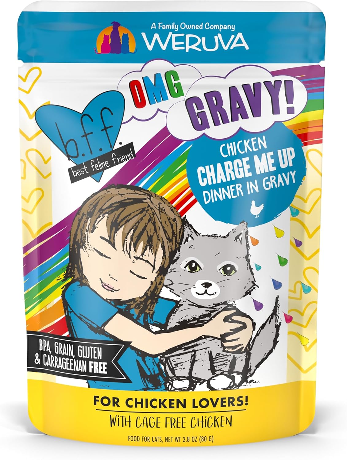Weruva B.F.F. OMG - Best Feline Friend Oh My Gravy!, Chicken Charge Me Up with Chicken in Gravy, 2.8oz Pouch (Pack of 12)