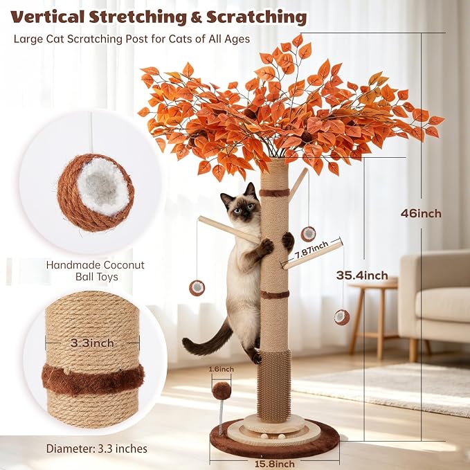 46" Extra Tall Cat Scratching Post with Toy for Large and Adult Indoor Cats | Sisal Cat Scratcher Tree with 3D Leaves, Hanging Plush Ball, Stable Wooden Base with Ball Track Toys