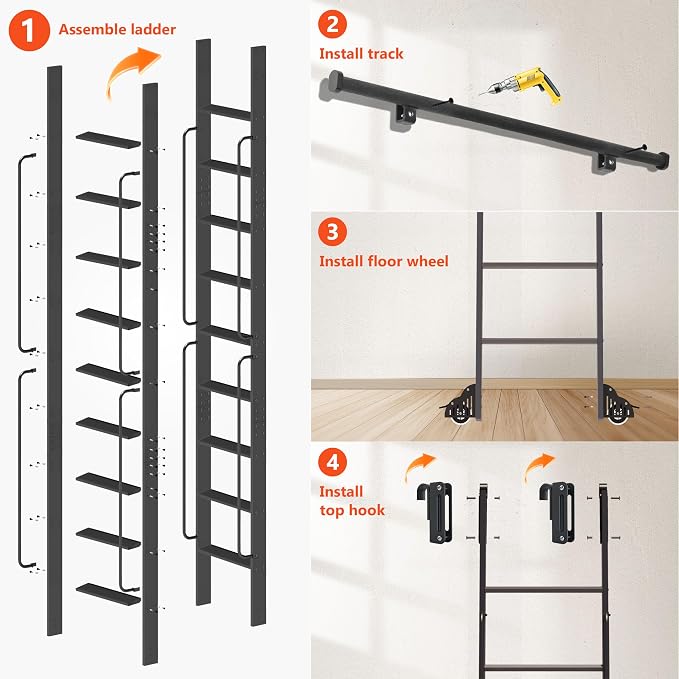 DIYHD 120" Rolling Library Ladder with Handrail, 4FT Sliding Rail, Black | 10-Step lightweight ladder with space-saving upright storage, Telescopic top hooks, Locking bottom rollers, 300lbs capacity