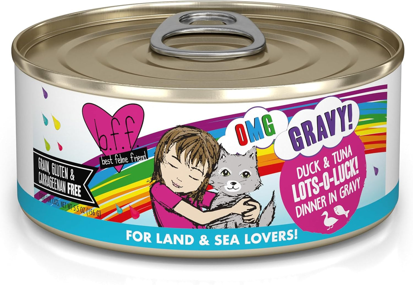 Weruva B.F.F. OMG - Best Feline Friend Oh My Gravy!, Lots-O-Luck! with Duck & Tuna in Gravy Cat Food, 5.5oz Can (Pack of 8)