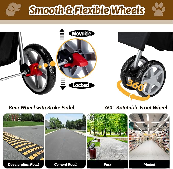 Pet Stroller, 4 Wheels Pet Strolling Cart for Medium/Small Dogs and Cats, Foldable Cat Jogger/Dog Stroller with Cup Holder, Storage Basket, Breathable Mesh, All-Season Pet Carrier, Black