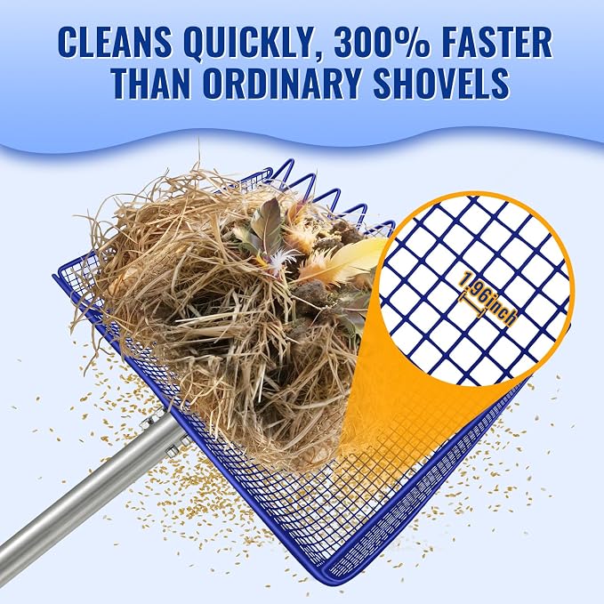 2-in-1 Chicken Coop Scooper: Extra Large 12” Poop Scooper & Rake with Adjustable Handle (37”-65”) | Heavy-Duty Metal Shovel for Quick Pet Waste, Rabbit, Guinea, Barn Cleaning | US Patent Pending, Blue