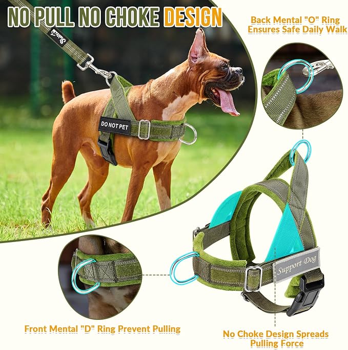SlowTon No Pull Dog Harness with Front Clip - Heavy Duty, Soft Padded | Neck & Chest Adjustable, Tactical Pet Vest and Leash Set for Large Medium Sized Dogs, for Easy Walk & Training, Green S