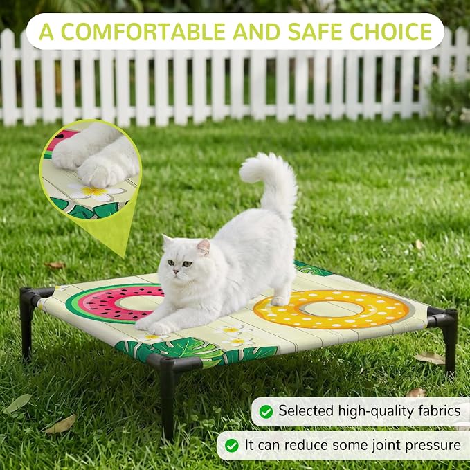 Outdoor Elevated Dog Bed for Small Dogs, Summer Swimming Rings Breathable Cooling Raised Dog Cot for Indoor/Outdoor, Floral Plumeria Yellow Wooden Waterproof Elevated Pet Beds, S 20 x 20 in
