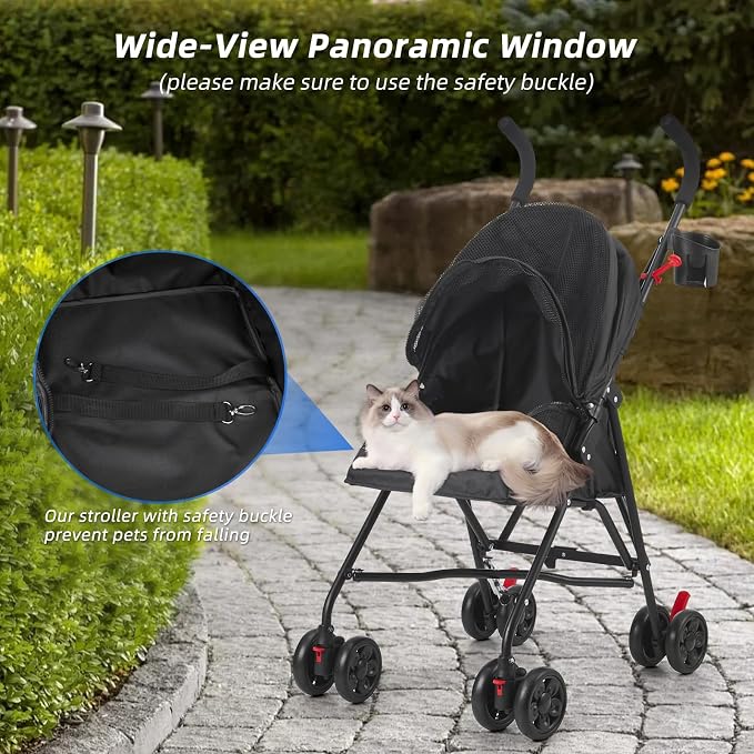 Pet Stroller Oxford Cloth Foldable Dog Strollers for Small Dogs and Cats Suitable for All Road Surfaces Wide-View Panoramic Window 4 Wheels with Brakes Portable Design, Easy to Store (Pink)