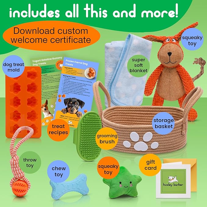 Premium Puppy Starter Kit - New Puppy Gift Basket with Essentials, Toy Box, Treat Tray, Training Supplies, Chew & Squeaky Toys for Puppies and Small Dogs - Complete Dog Must Haves for New Dog Owners