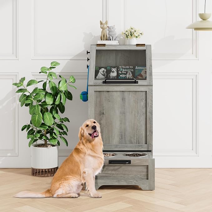 Garvee Dog Feeding Station with 2 Elevated Bowls, Grey | Dog Food Storage Cabinet, Flip Top Pet Feeding Station, Food Storage Container, Pet Toy Organizer